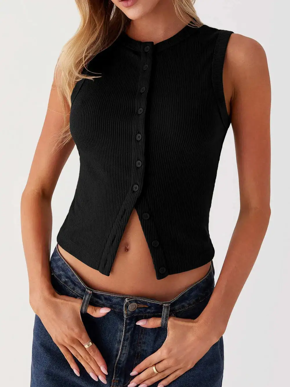 Button Up Round Neck Tank