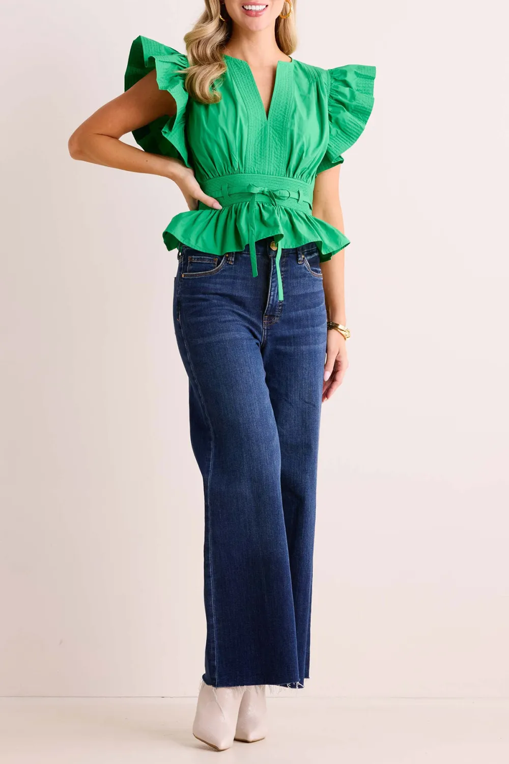 Green Ruffled Sleeve Belted Peplum Top