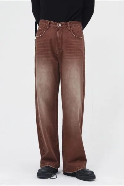 Refined Washed Pocketed Stretch Wide Straight Jeans