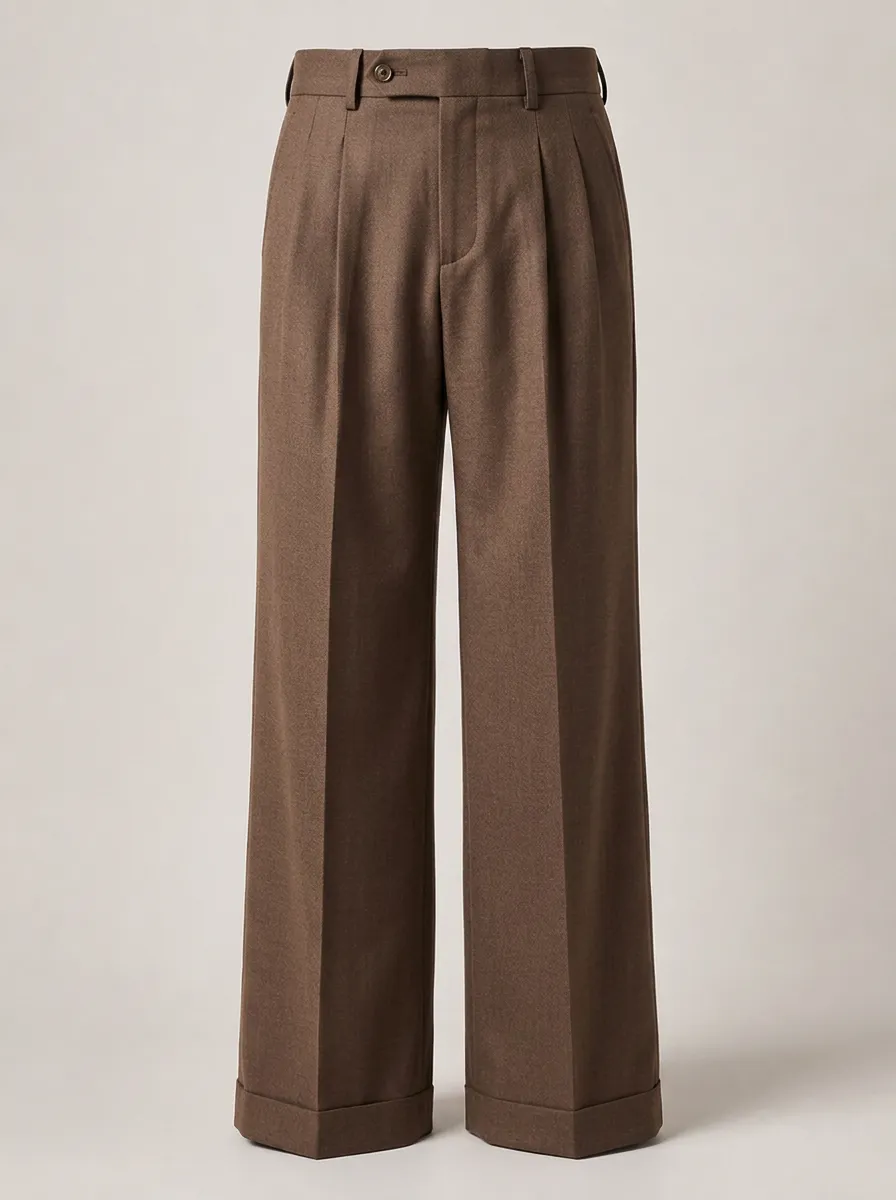 Men's Brown Pleated Wide Leg Tailored Trousers