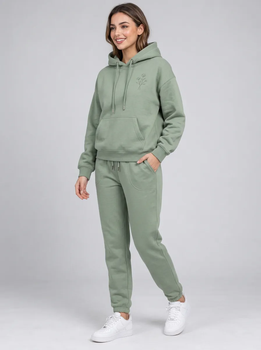 Women's Sage Green Tapered Pants Solid Hoodie & Pants Set