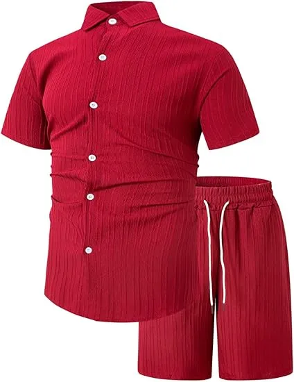 Men'S Solid Textured Short Sleeve Button Front Shirt & Pocket Drawstring Waist Shorts Two-Piece Set, Casual Summer Outfits Clothes Set For Men, Sets For Men Clothing, Menswear,  Summer Outfits Set