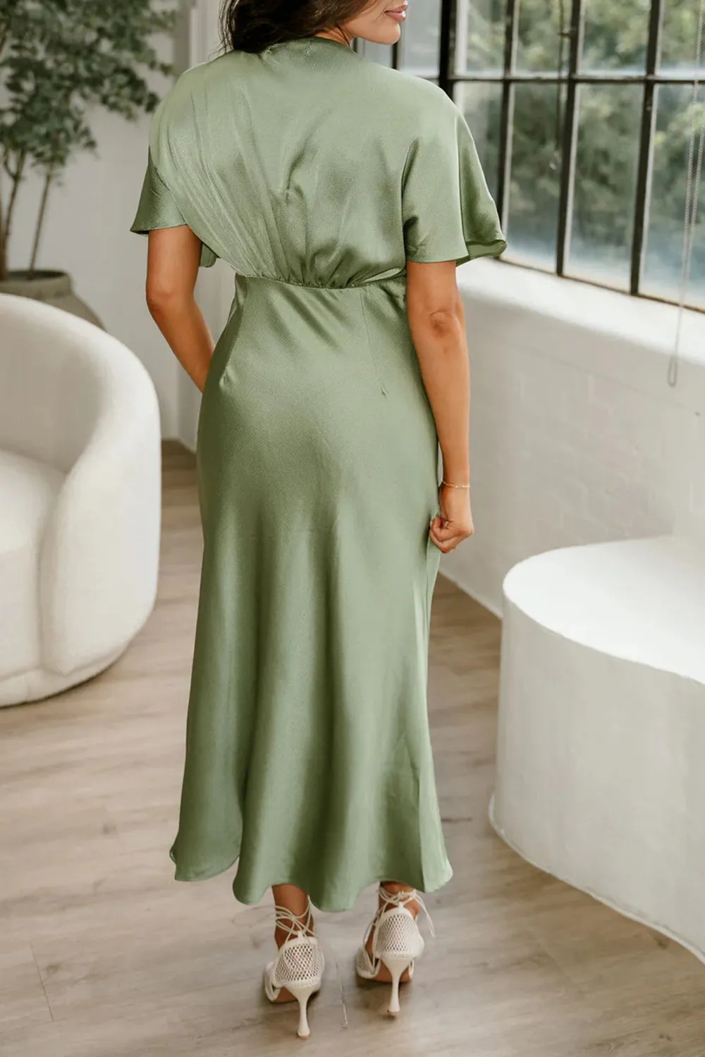 V-Neck Short Sleeve Satin Dress
