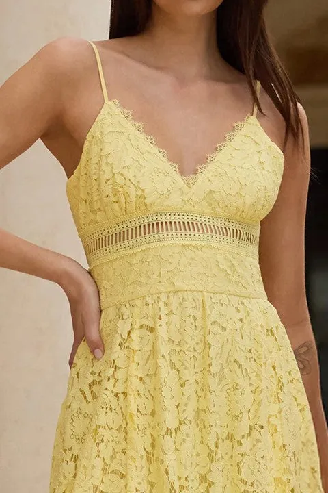 Yellow Lace V-Neck A-Line Maxi Dress