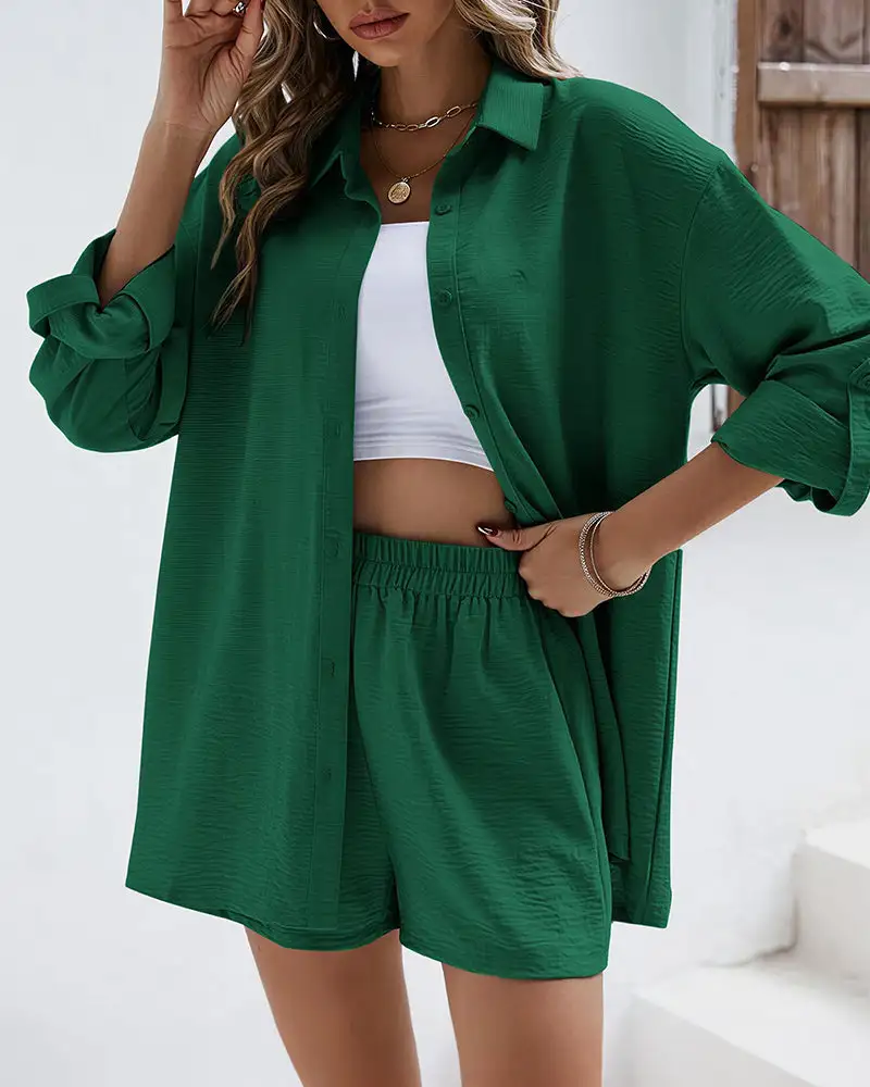 Long Sleeve Button-Down Shirt and High Waist Shorts Casual Two-Piece Set
