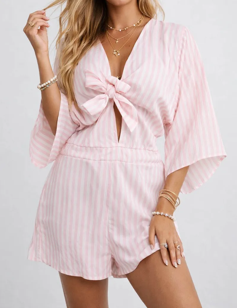Chic V Neck Knot Kimono Sleeves Romper
