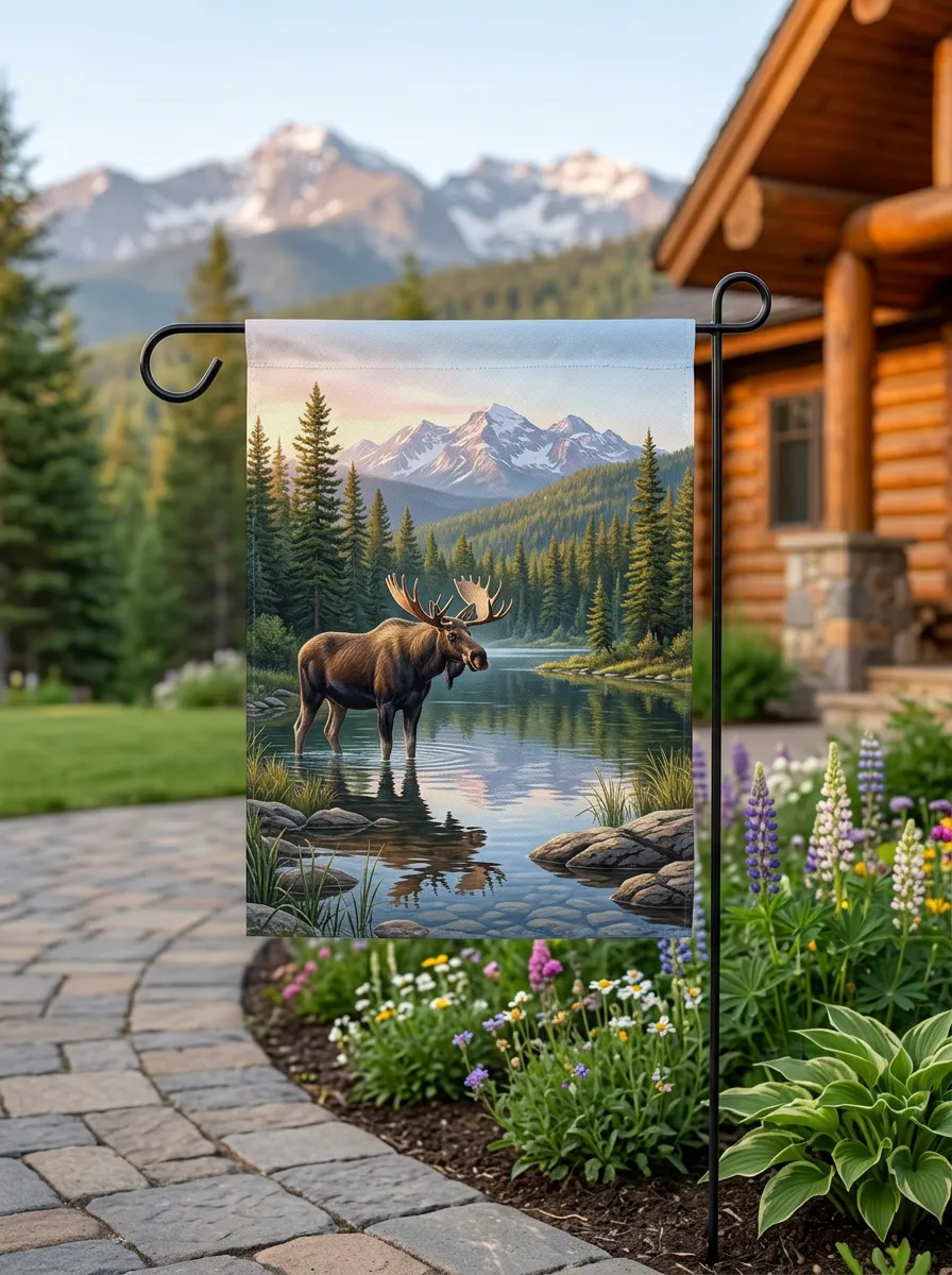 Woodland Moose Mountain Lake Scenic Garden Flag