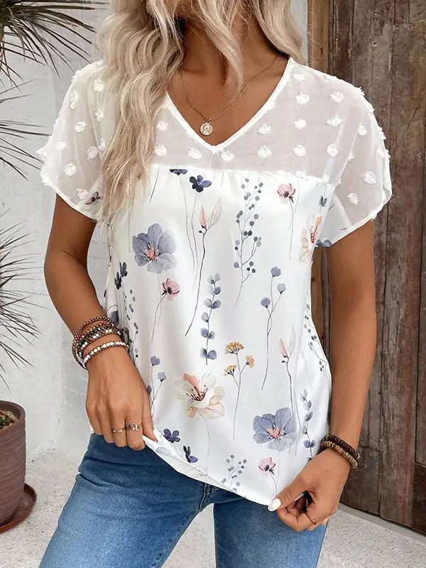 Relaxed Short Sleeve Floral Print Jacquard Panel Detail V-Neck T-Shirt