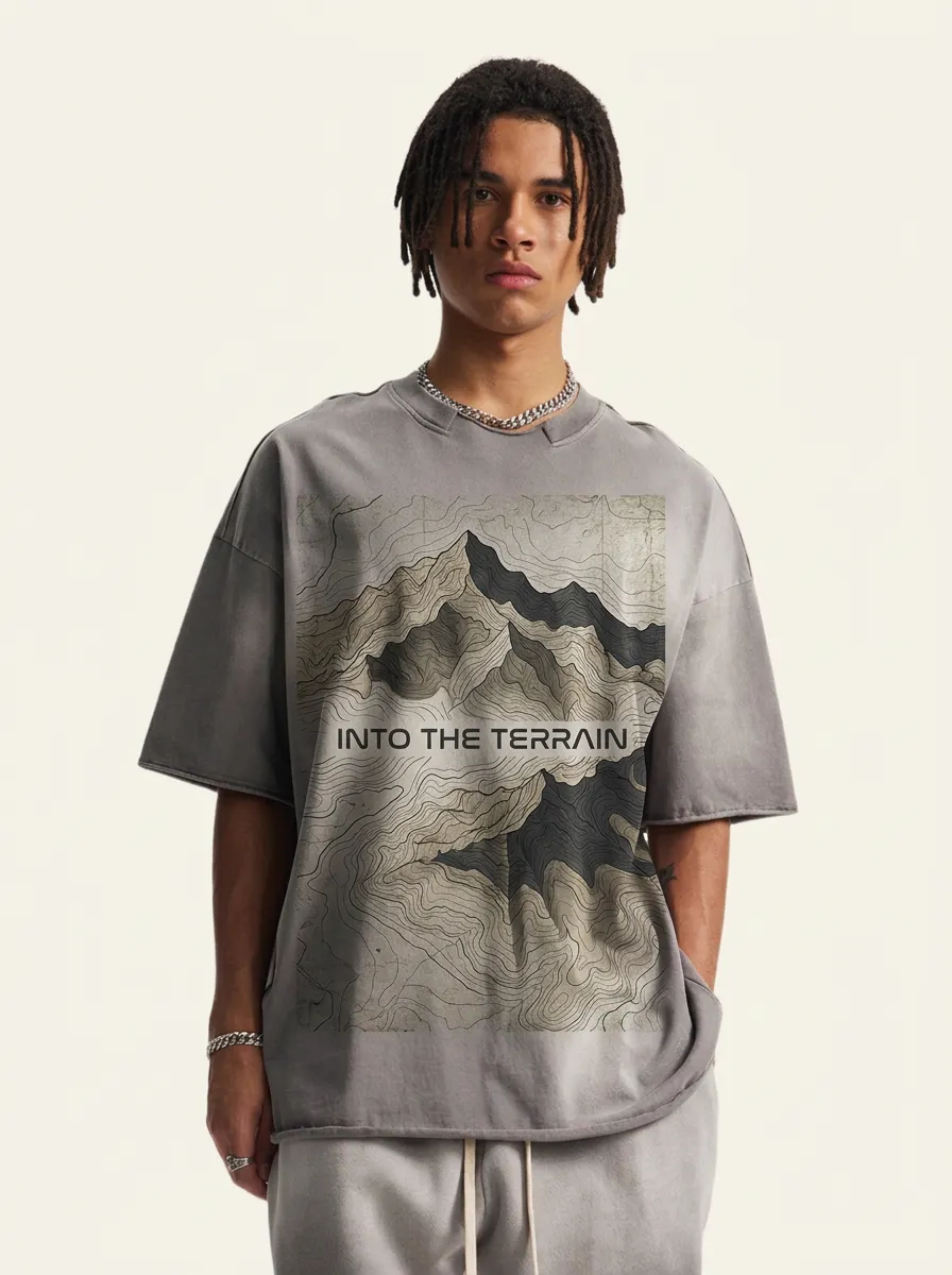 Men's Oversized Mountain Roamer Outdoor Hiking Into The Terrain Topographic Map Graphic T-Shirt