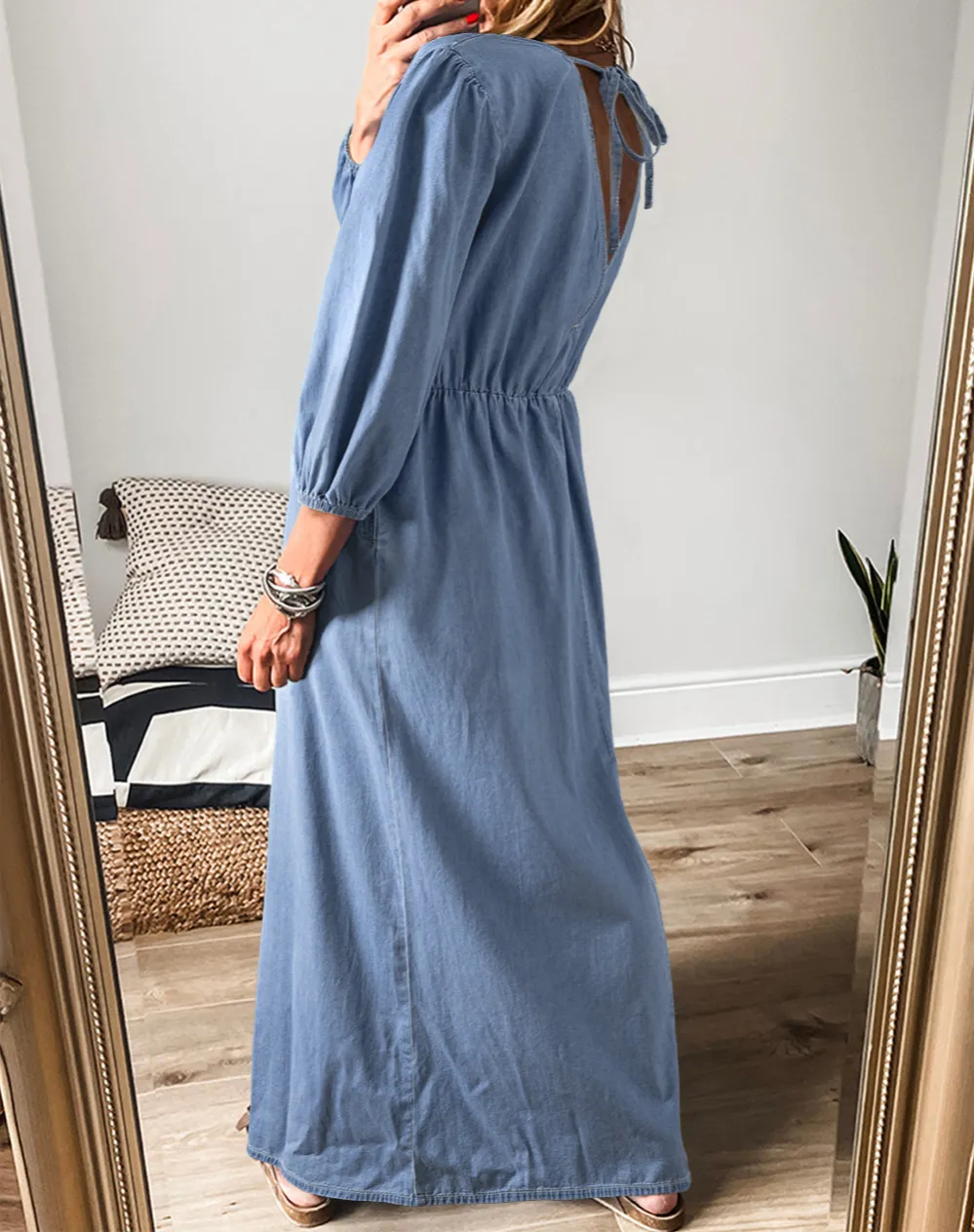 Myosotis Chambray Deep V Neck Bracelet Sleeve Maxi Dress
