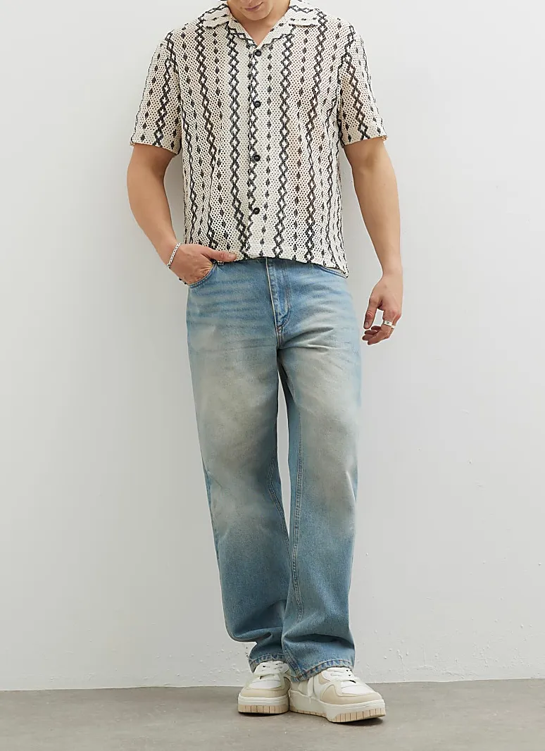 Men's Knitted Diamond White Regular Fit Shirt Short Sleeves