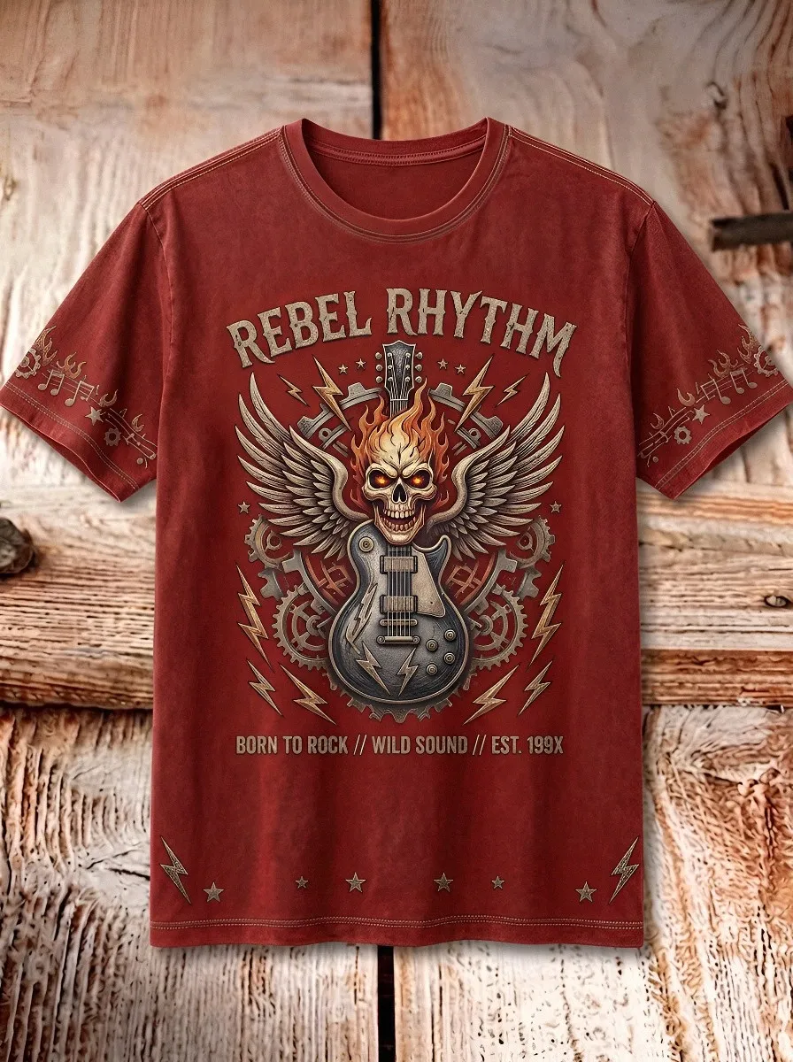 Men's Rock Music Lover Flaming Skull Guitar Printed T-shirt
