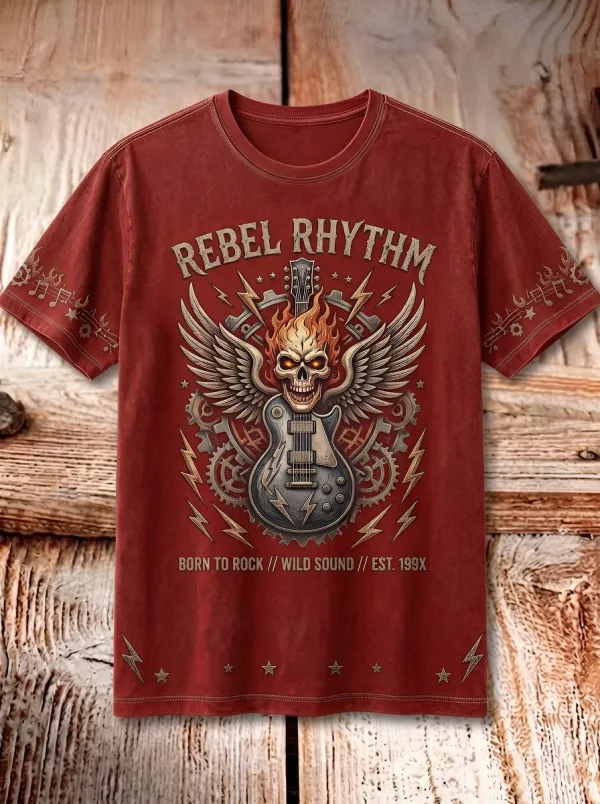 Men's Rock Music Lover Flaming Skull Guitar Printed T-shirt