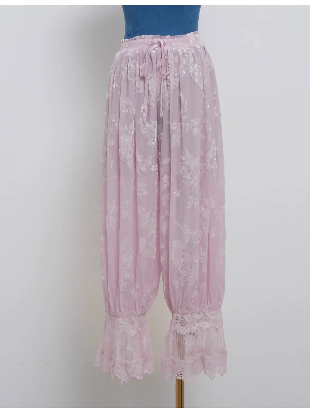 Lace Hem Flocked Elastic Waist Lantern Pants