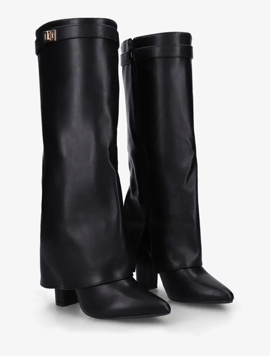 Classic Strap Detail Block Heel Fold-Over Faux Leather Knee High Boots