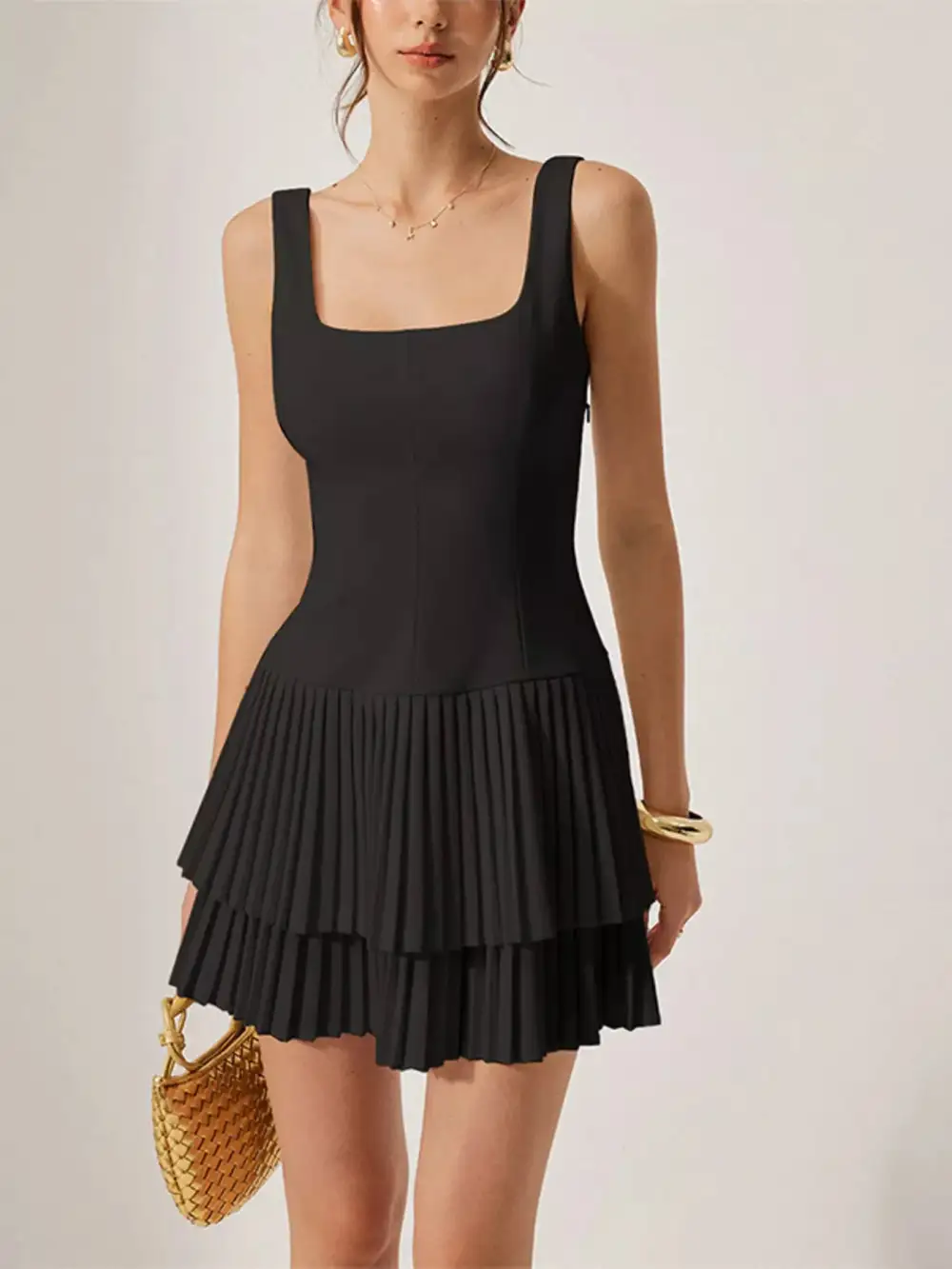Square Neck Pleated Mini Dress