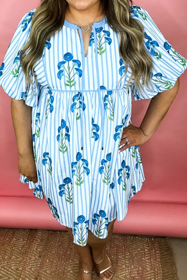 Floral Striped Short Sleeve Dress Casual