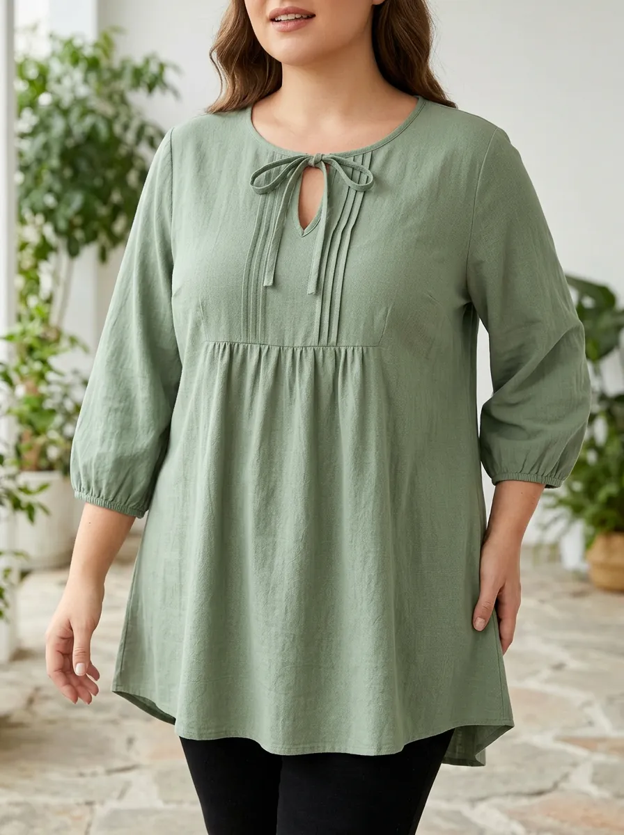 Women's Plus Size Sage Green Tie Neck Pleated Blouse