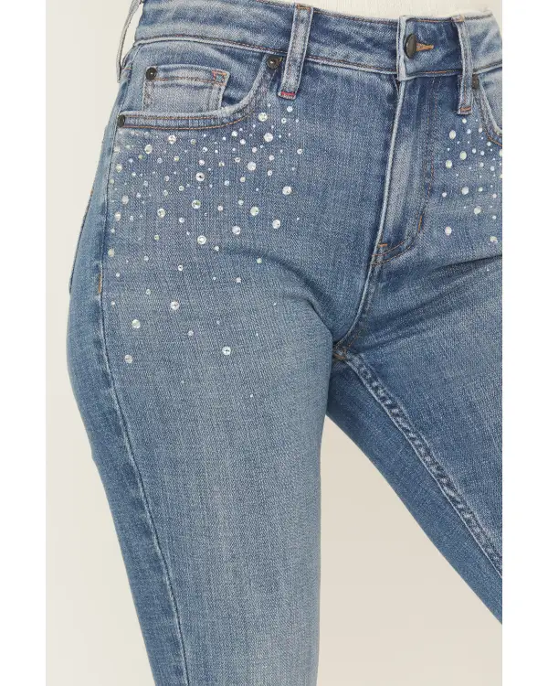 High Rise Bootcut Stretch Denim Rhinestone Jeans