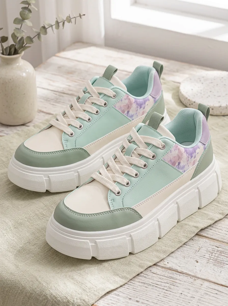 Women's Pastel Tie-Dye Colorblock Platform Printed Sneakers