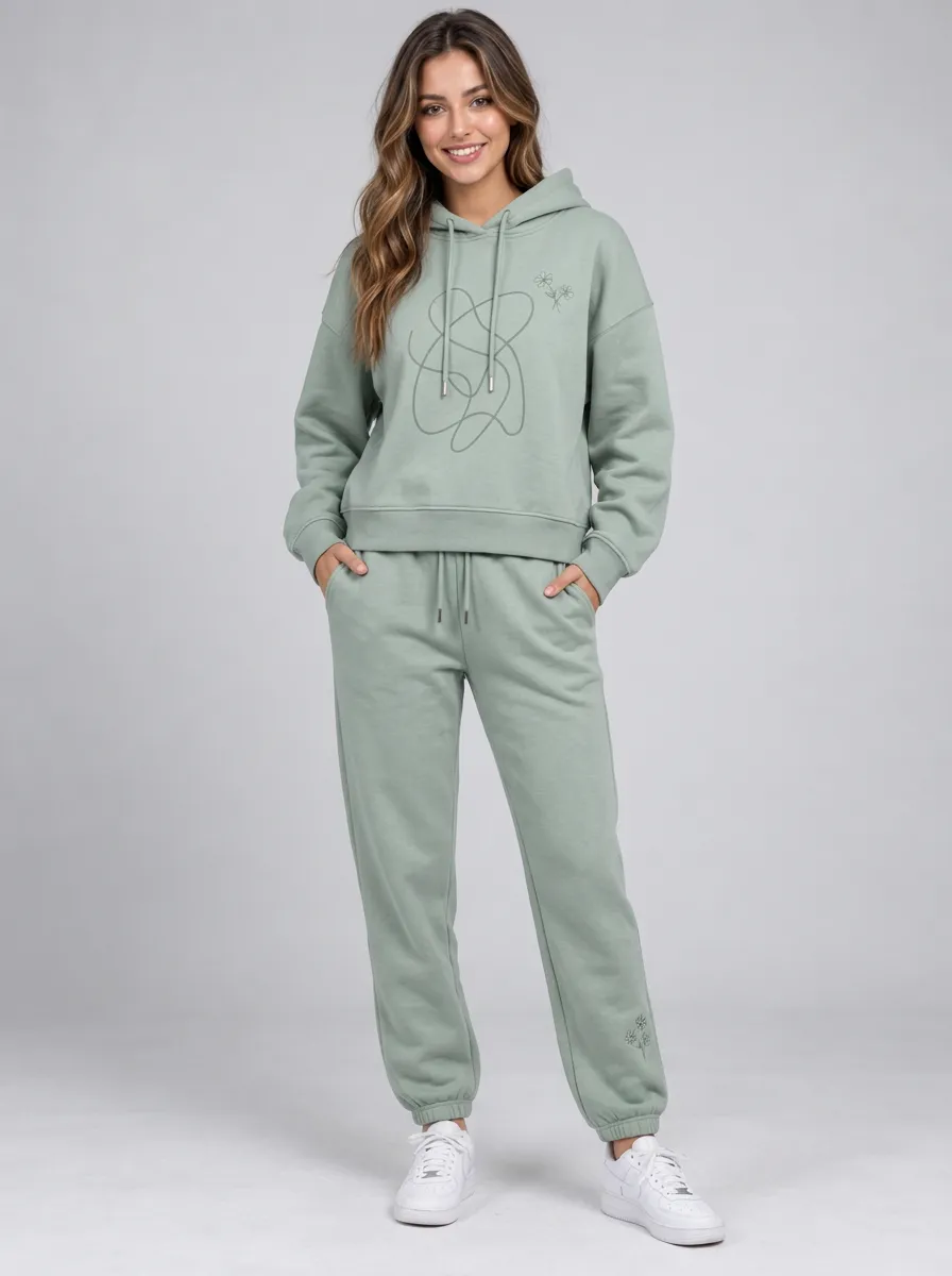 Women's Sage Green Dropped Shoulder Solid Hoodie & Pants Set
