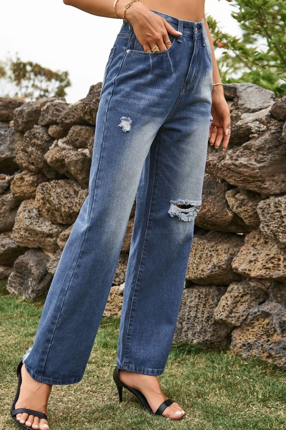 Contoured Loose Fit Distressed Denim Jeans
