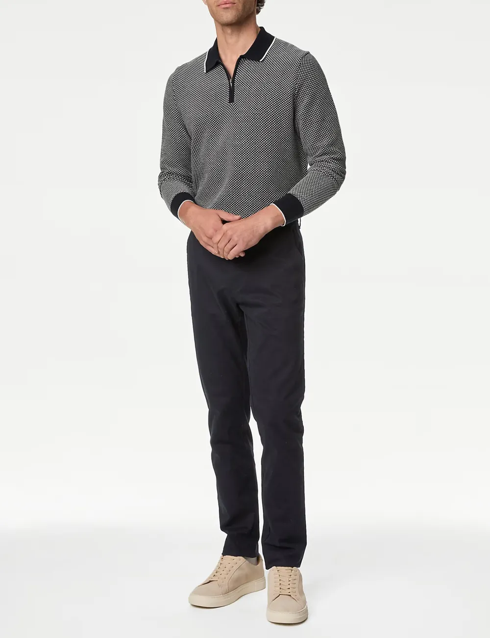 Long Sleeve Textured Knitted Polo Shirt