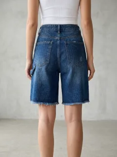 Women's High-Waisted Distressed Raw Hem Denim Bermuda Shorts