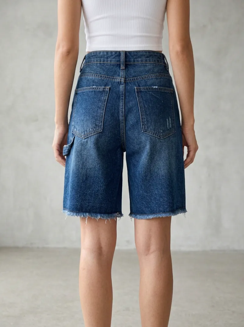 Women's High-Waisted Distressed Raw Hem Denim Bermuda Shorts