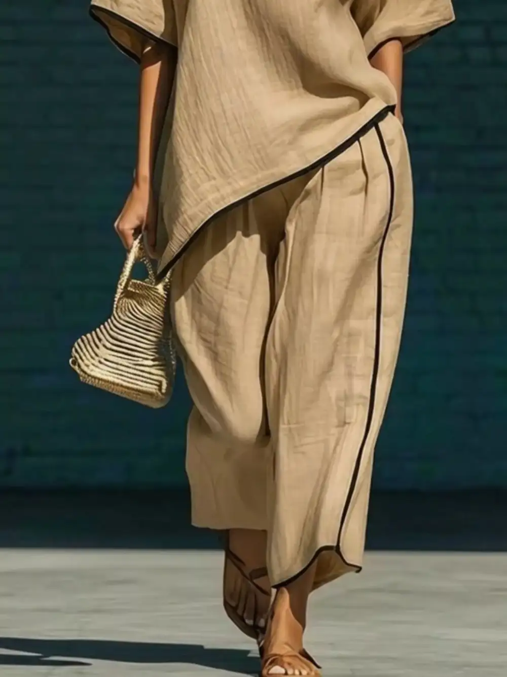 Full Size Contrast Trim Half Sleeve Top and Pants
