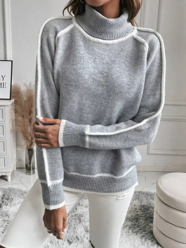 Paneled High Neck Long Sleeve Relaxed Fit Sweater