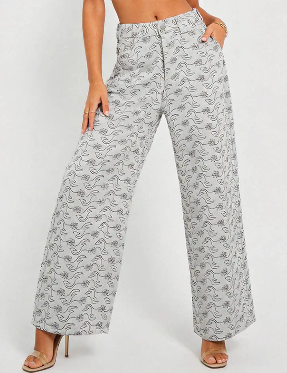 Abstract Floral Jacquard Button Waist Wide Leg Denim Pants