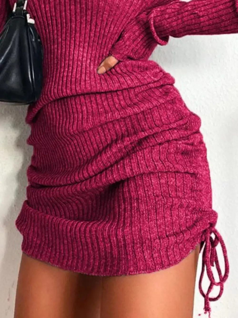 Ribbed Knit Drawstring Sweater Dress
