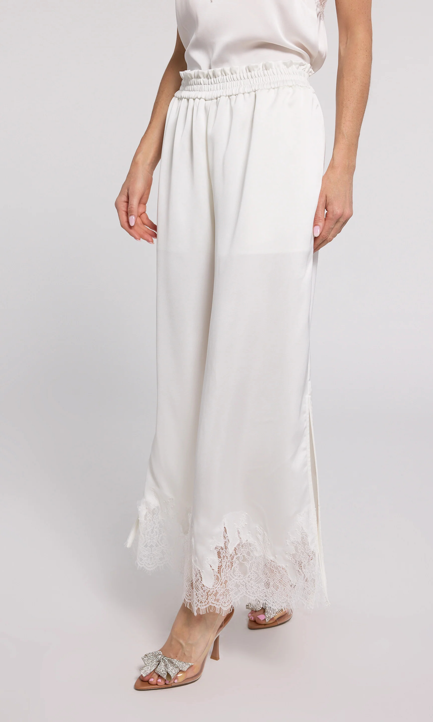 White Lace Panel Satin Pants