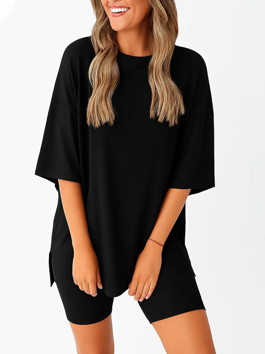 Women'S Summer Two-Piece Set 2025 Casual Oversized Shirts Biker Shorts Matching Airport Travel Outfit Split Hem Lounge