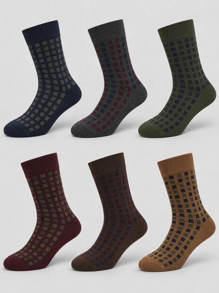 Men's Multicolor Grid Pattern Crew Socks 6-Pack