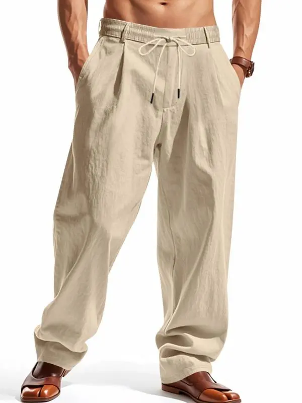 Men’s Solid Color Linen Pants – Casual Wide-Leg Regular Fit Trousers for Spring & Fall