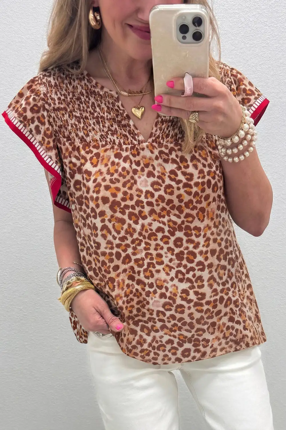 Leopard Print Ruffled Short Sleeve Blouse