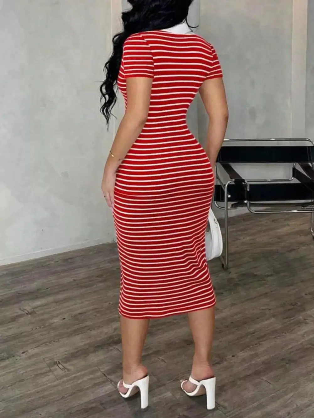 Striped Polo Collar Midi Dress