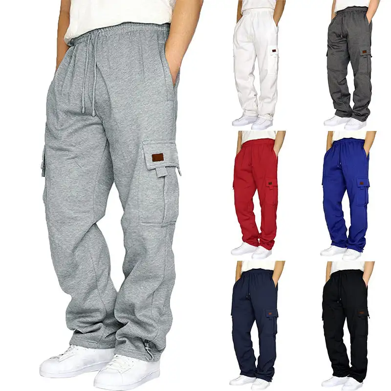 Men's Tapered Sweat Cargo Pants with Elastic Waistband Drawstring and Flap Pockets