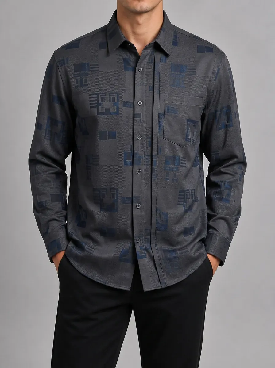 Men's Geometric Pattern Dark Grey Printed Long Sleeve Shirt