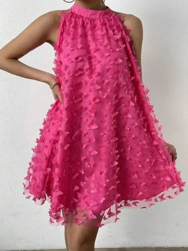 Relaxed Sleeveless Jacquard Pleated Solid Color Split Joint Stand Collar Mini