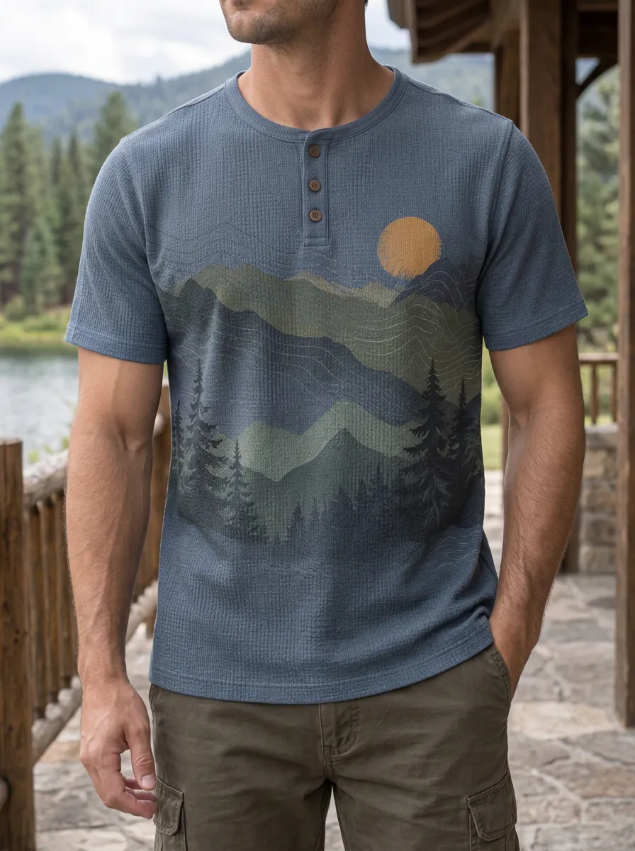 Men's Classic Nature Lover Mountain Forest Sunset Henley T-Shirt