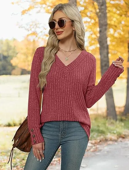 Women's V-Neck Long Sleeve Knit Sweater | Lightweight | Oversized Loose Fit Sweater for Layering