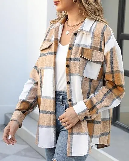 Women's Plus Size Shacket Jacket Flannel Plaid Long Sleeve Button Down Shirts Casual Fall Blouses Tops Winter Coats Winter Holiday