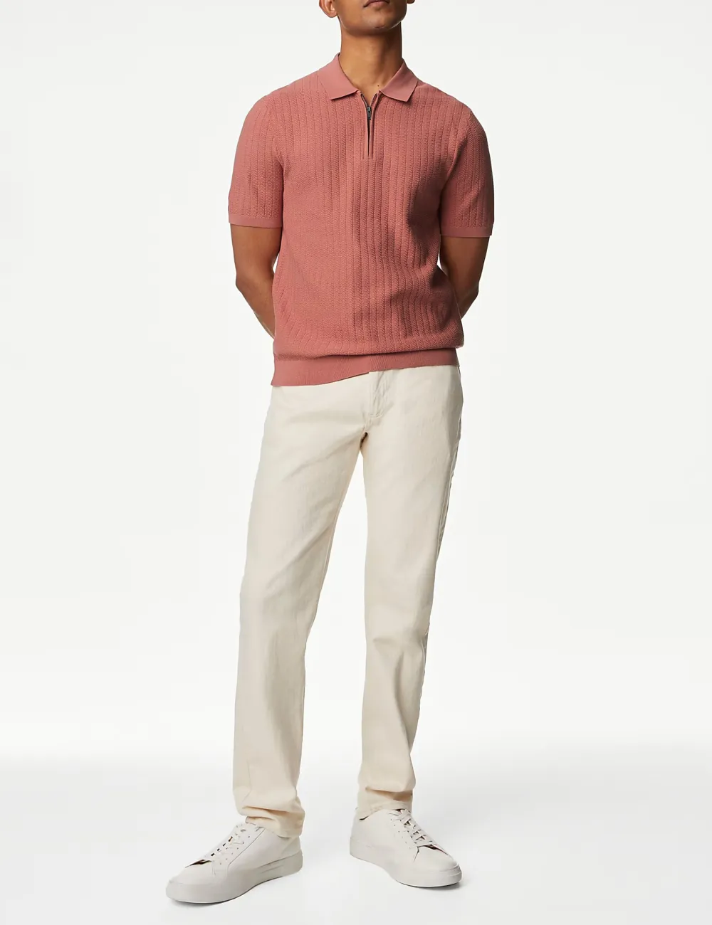 Men's Pink Textured Knit Quarter Zip Polo