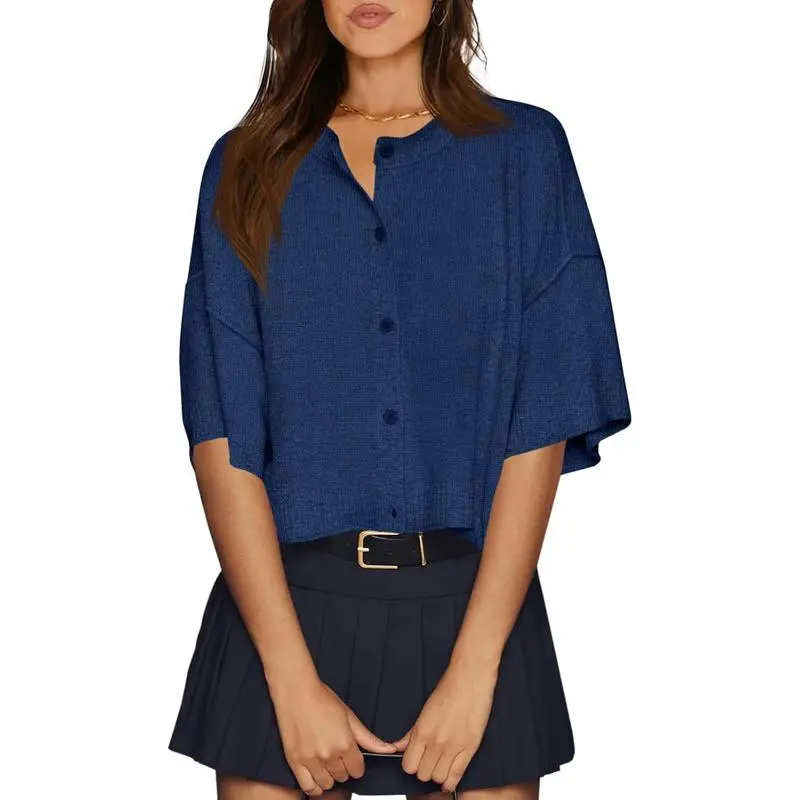 Womens Half Sleeve Cardigan Sweaters Cropped Button Down Tops Oversized Lightweight Ribbed Knit Summer Outfits