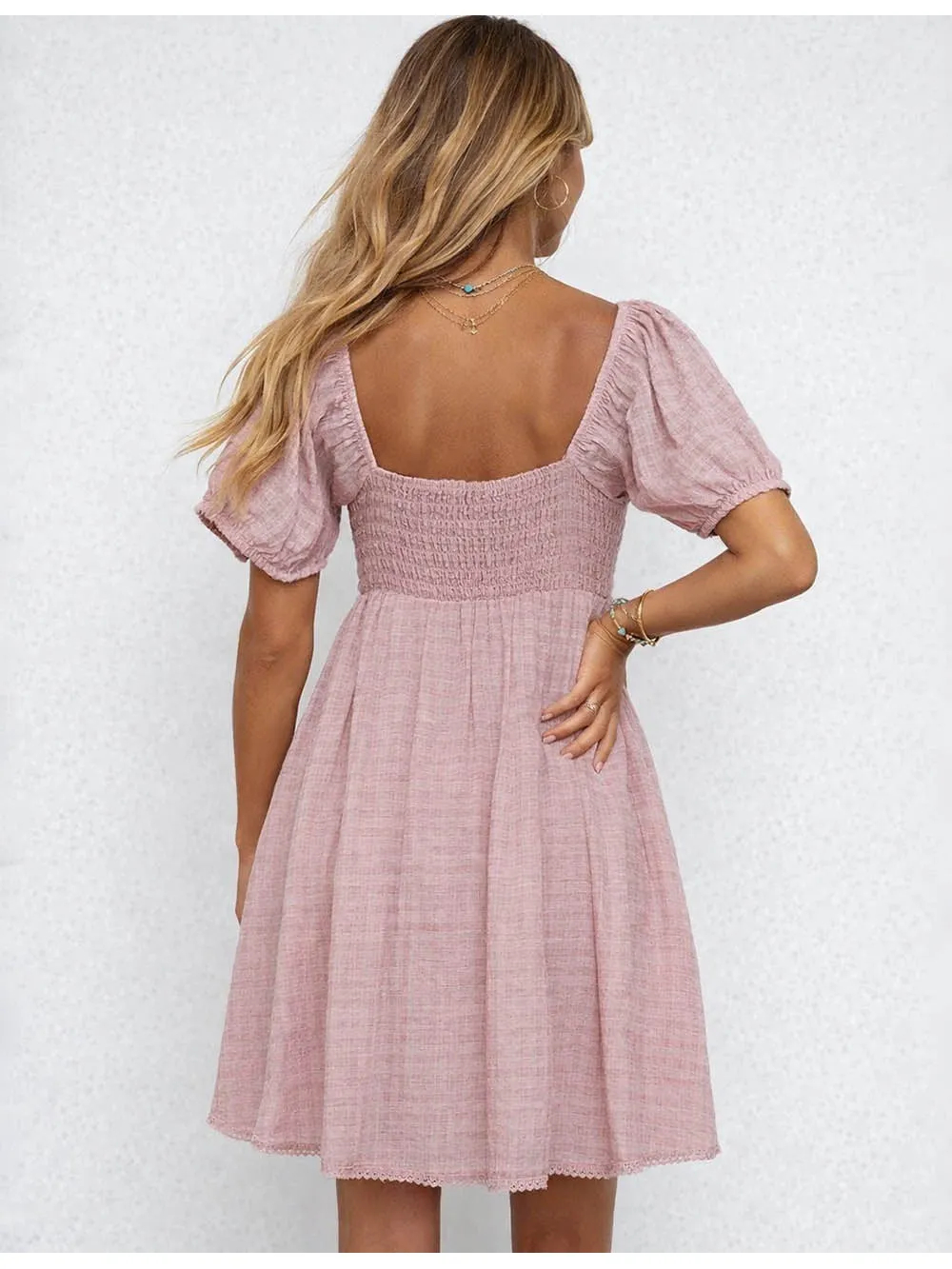 Boho Embroidery Square Neck Puff Sleeves Mini Dress