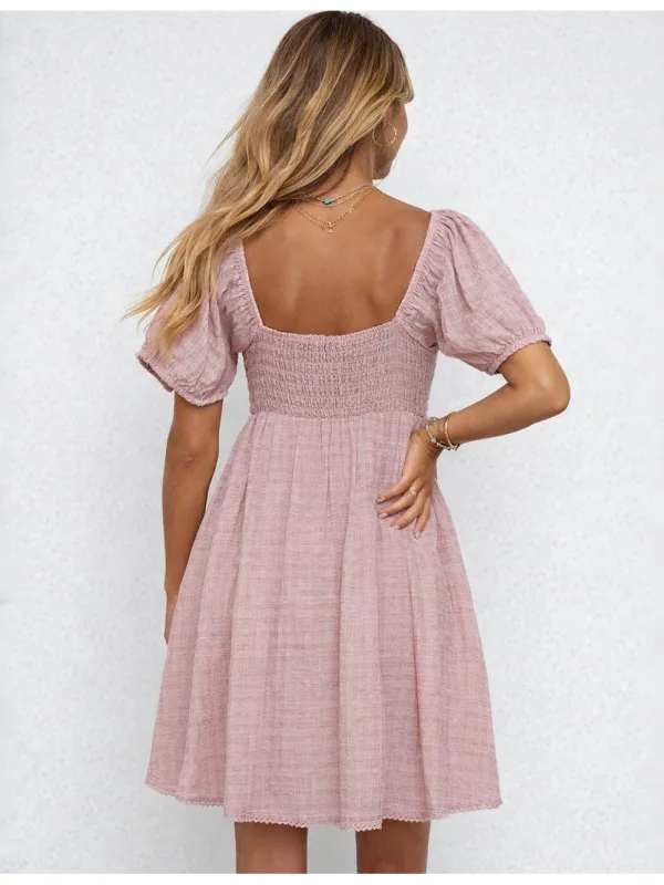 Boho Embroidery Square Neck Puff Sleeves Mini Dress