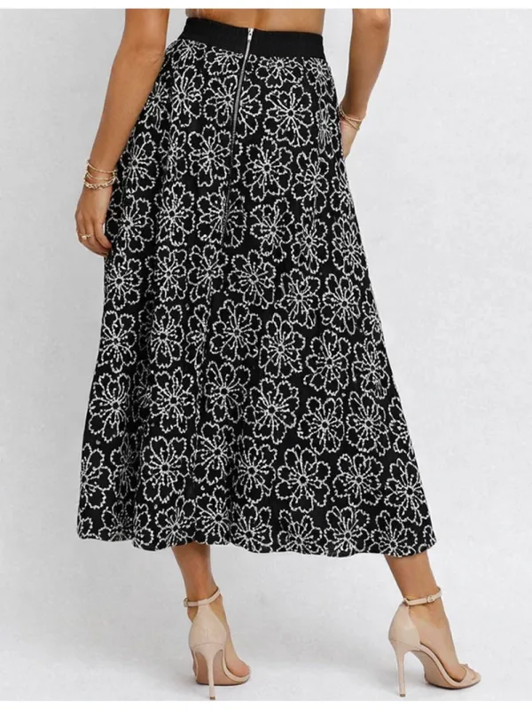 Embroidery Zip Up Elastic Waist Midi Skirt